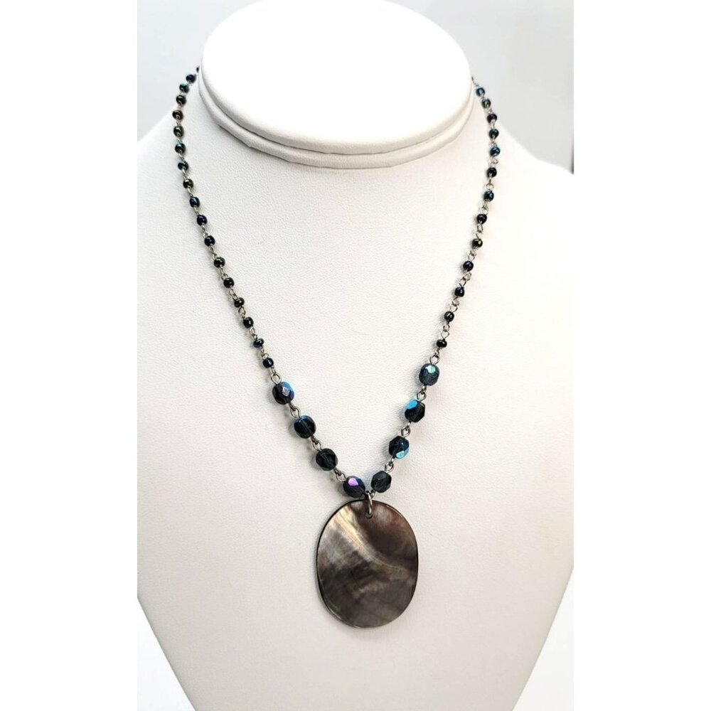 Abalone and Glass Blue Grey Silver Beaded Vintage Necklace 16" LI315